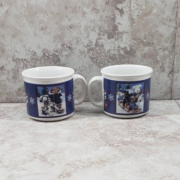 2002 Boyds Collection Bears Sledding Winter Scene Coffee Cups Mugs Set Vintage - Picture 1 of 11